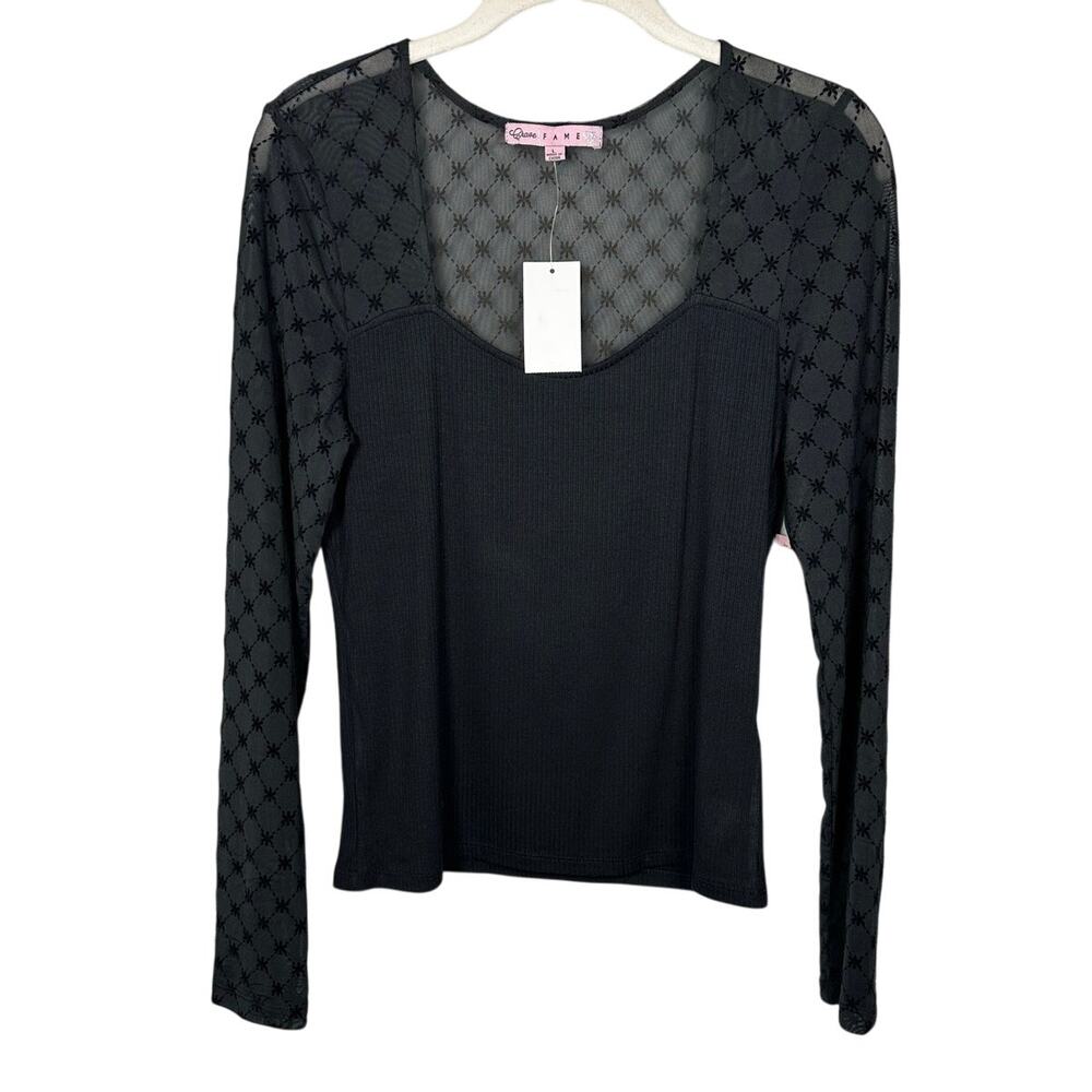 NWT Crave Fame Flocked Illusion Black Mesh Long Sleeve Ribbed Top Women's Large